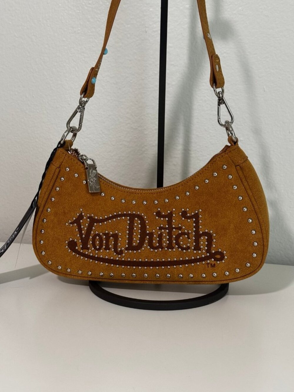 Von Dutch Brown Studded Shoulder Bag Suede Mustard Brown